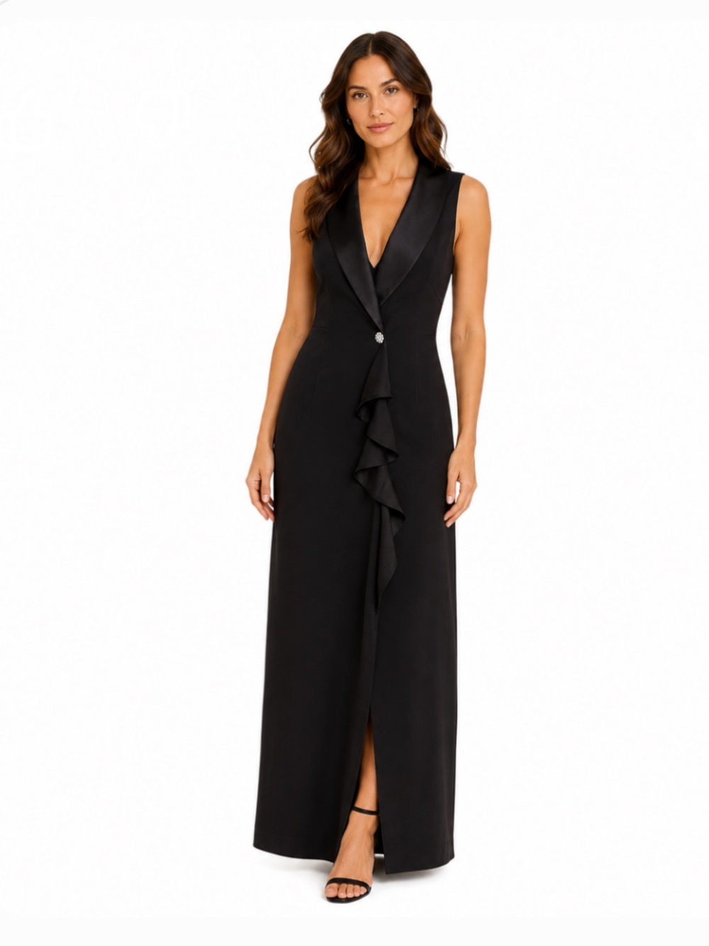 J.R. Nites by Caliendo | Sleeveless Satin Lapel Ruffle Maxi Gown Dress Black 8